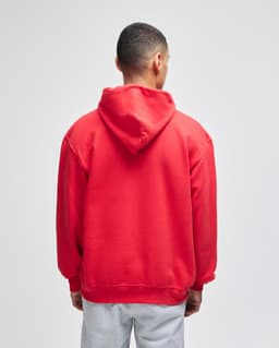A red pullover hooded sweatshirt with a simple design, featuring a hood and a relaxed fit, viewed from the back.