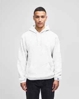 A grey pullover hooded sweatshirt with a front pocket and a logo. Suitable for casual wear.