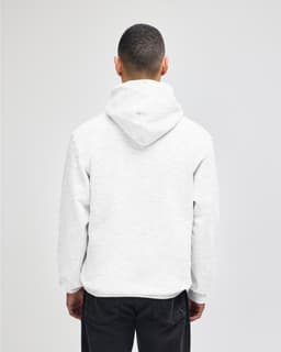 A grey pullover hooded sweatshirt viewed from the back, featuring a hood and a relaxed fit.