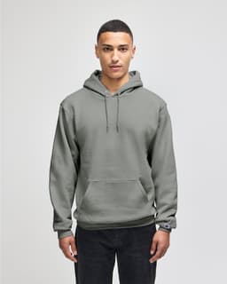 A grey pullover hooded sweatshirt with a front pocket, featuring a logo on the sleeve.
