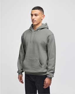 A grey pullover hooded sweatshirt with a front pocket and a logo. Casual fit suitable for everyday wear.