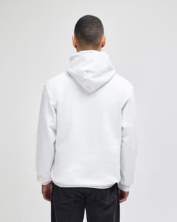 A white pullover hooded sweatshirt displayed from the back, featuring a hood and a relaxed fit.