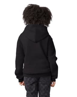 A black youth pullover hooded sweatshirt with a hood, shown from the back. Features a simple design.