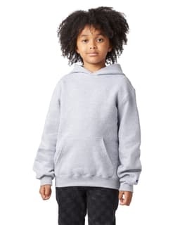 A youth grey pullover hooded sweatshirt with a front pocket and a logo on the sleeve.