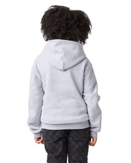 A grey youth pullover hooded sweatshirt with a hood, viewed from the back, featuring a logo.