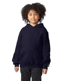 A youth pullover hooded sweatshirt in navy with a front pocket and a logo on the sleeve.