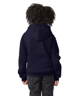 A navy pullover hooded sweatshirt for youth, featuring a hood and casual fit, viewed from the back.