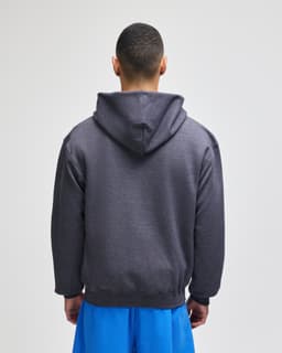 A full-zip hooded sweatshirt in dark grey, viewed from the back, featuring a hood and a logo.