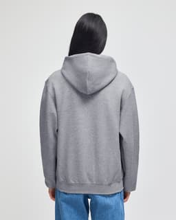 A grey full-zip hooded sweatshirt with a relaxed fit, featuring a spacious hood and kangaroo pocket.
