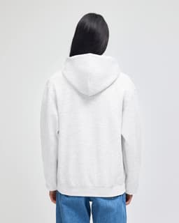 A grey full-zip hooded sweatshirt featuring a relaxed fit and a hood, viewed from the back.