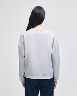 A grey women's crewneck sweatshirt with a relaxed fit, featuring long sleeves and a simple back design.