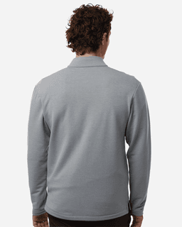 A men's stretch fleece 1/4 zip in grey, featuring a back view with long sleeves and a collar. It has a logo.