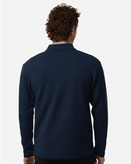 A men's navy blue stretch fleece 1/4 zip pullover, featuring a back view with a plain design and a logo.