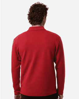 A red men's stretch fleece 1/4 zip top, viewed from the back, featuring a simple design and a logo.