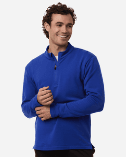 Men's stretch fleece 1/4 zip in vibrant blue, featuring a zip collar and long sleeves. Includes a logo.