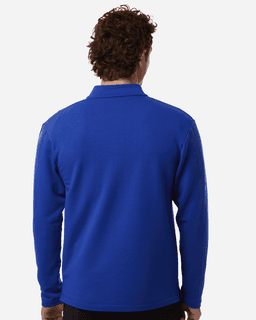 A blue men's stretch fleece 1/4 zip top, viewed from the back, featuring a collar and long sleeves.