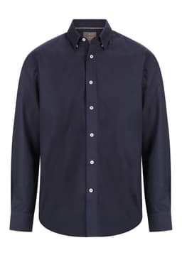 A navy button-up shirt with a collar and full sleeves, featuring a logo on the chest.