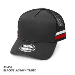A black, striped A-Frame trucker cap featuring a mesh back and a logo on the front.