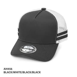 A black and white striped trucker cap featuring a mesh back and a branded logo.
