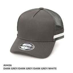 A dark grey trucker cap with a striped design and mesh back, featuring a logo on the front.