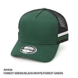 A trucker cap in forest green, black, and white featuring a logo and striped design on the front.