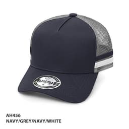 A navy and grey striped trucker cap featuring a mesh back and a logo on the front.