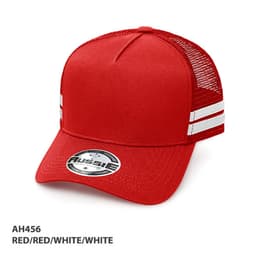 A red A-Frame striped trucker cap with white stripes and a mesh back, featuring a logo on the front.