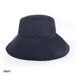 A navy brim hat with a wide brim, featuring a simple design and a logo on it.