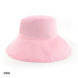 A pink bucket hat with a wide brim, featuring a lightweight design and a logo.