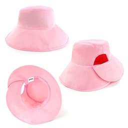 A pink bucket hat featuring a wide brim and a logo, with an open design showing the interior.