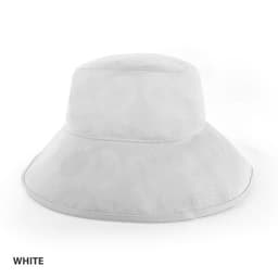 A white bucket hat with a wide brim, featuring a logo on the side.