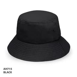 A black bucket hat featuring a wide brim and a logo on the side.