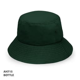 A bottle green bucket hat with a wide brim and a logo branding on the side.