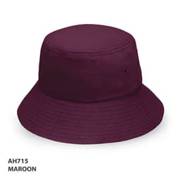 A maroon bucket hat with a wide brim and branding. Suitable for casual headwear.