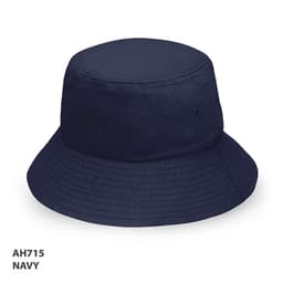 A navy bucket hat with a wide brim and a circular top, featuring a logo.