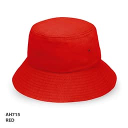 A red bucket hat with a wide brim, featuring a logo and a structured top.