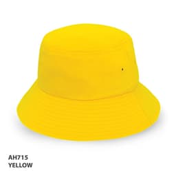 A bright yellow bucket hat with a wide brim and a logo on the side.