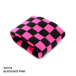 A checkered wristband in black and hot pink, featuring a knitted design. It has a branding logo on the side.