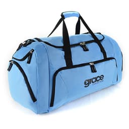 A light blue duffle bag featuring multiple zippered compartments and a branding logo.