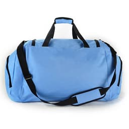 A blue duffle bag with black accents, featuring multiple zippers and a removable shoulder strap.