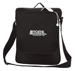 A black neoprene conference bag with a shoulder strap and a logo on the front.