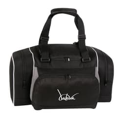 A black duffle bag with grey accents, featuring multiple compartments and a logo on the front.