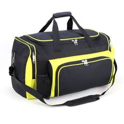 A black and neon yellow duffle bag with zippers and a mesh pocket, featuring handles and a shoulder strap.