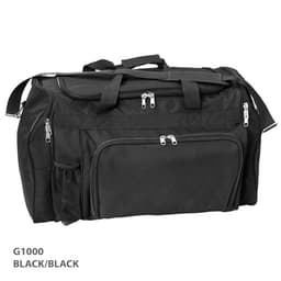 A black duffle bag featuring multiple zippered compartments and a mesh side pocket, with a logo displayed.