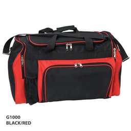 A black and red duffle bag with multiple zippered pockets and a mesh side pocket, featuring a logo.