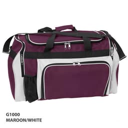 A maroon and white duffle bag with multiple zippered compartments and a side mesh pocket. It features a logo.