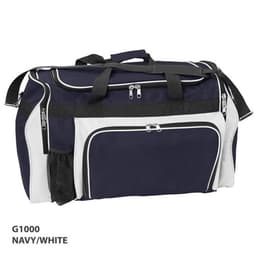 A duffle bag in navy and white with multiple zippered compartments and a mesh pocket. It features a logo.