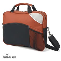 A rust and black conference bag with a shoulder strap, zip closure, and a mesh pocket. Features a logo.