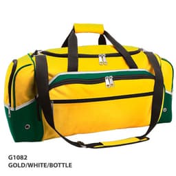 A duffle bag in gold and white with green accents, featuring multiple zippered pockets and a shoulder strap.