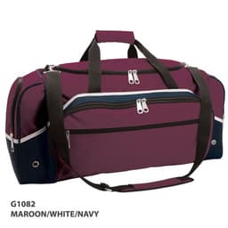 A maroon, white, and navy duffle bag featuring multiple zippered pockets and a shoulder strap. It has a logo.